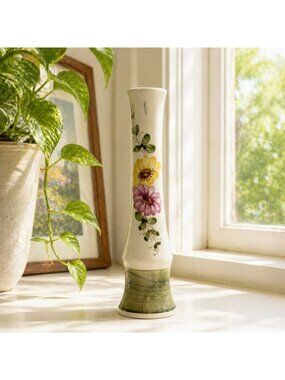 Handmade Sado Internacional Portugal Ceramic Vase With Floral Design 8.5" Tall V